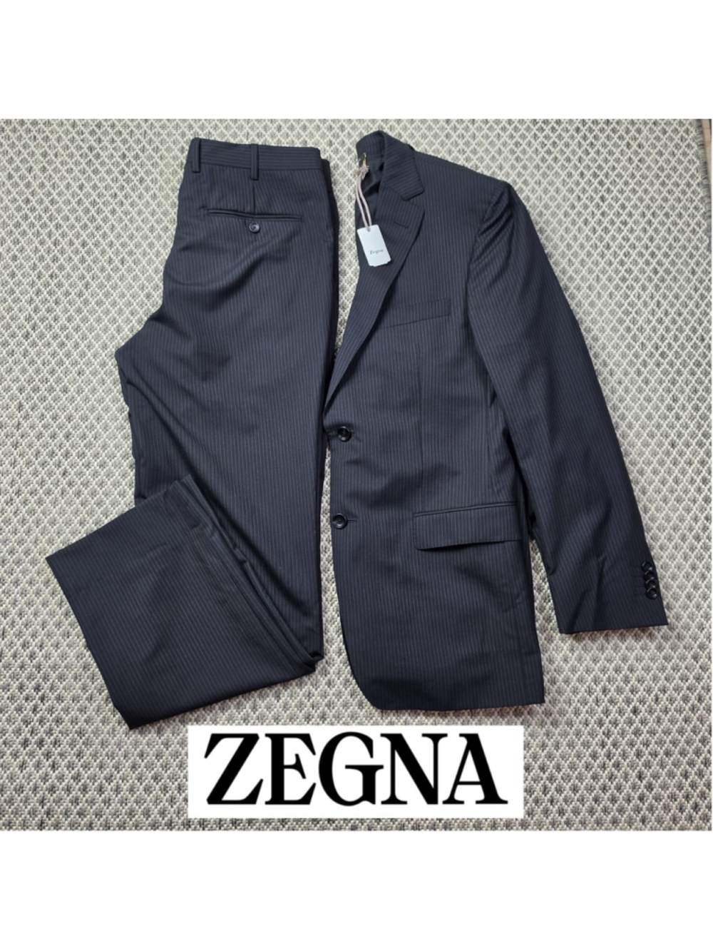 Z Zegna City Men’s 48R 100% Wool Pinstripe 2 Piece Suit Blazer Pants Navy